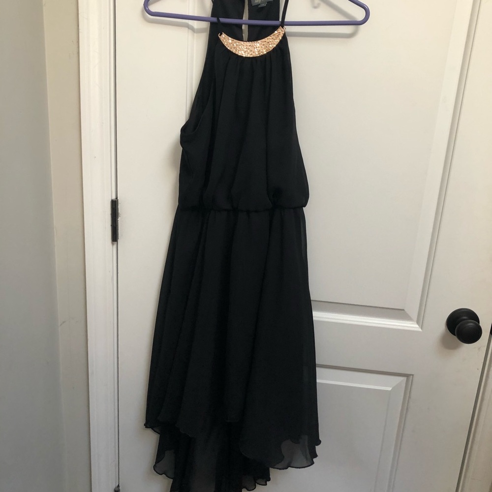 High-low black dress with neck accent piece